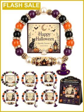 Halloween Black Cat Pumpkin Stretch Beaded Bracelet Set Gift 6 Piece